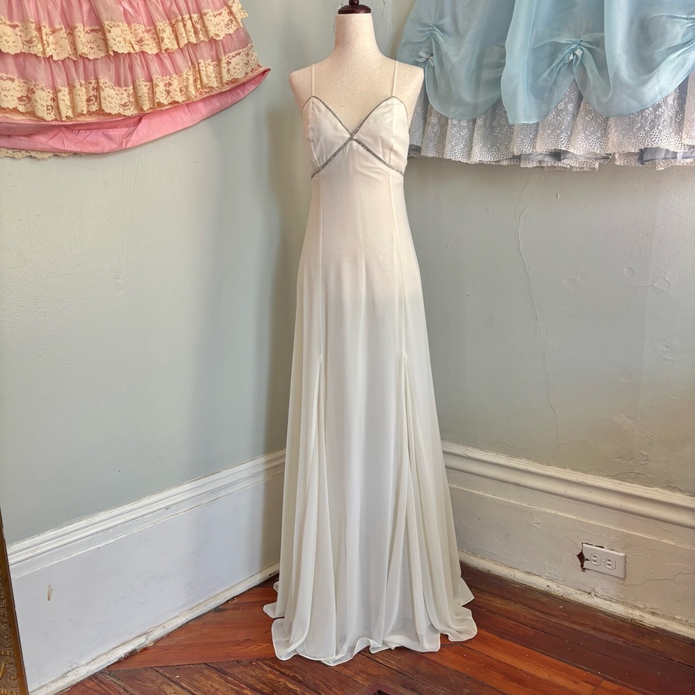 90s Y2K Vintage Elegant White Rhinestone Evening Gown Lace Up Back